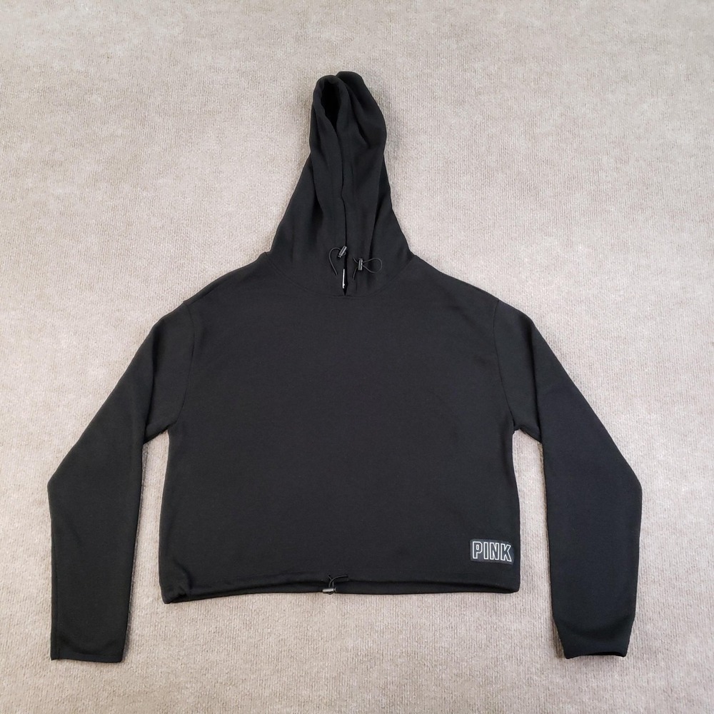 PINK‎ Victoria's Secret Hoodie Womens Small Black Cropped Drawstring Pullover